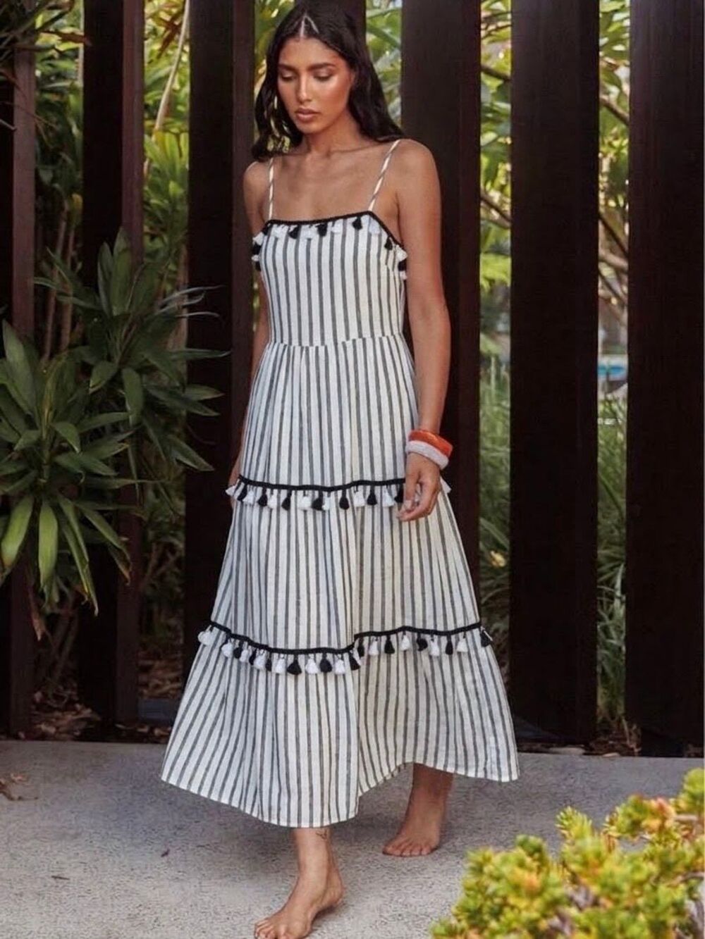 VICI Striped Tassel Tiered Maxi Dress White Black Boho Summer Resortwear Small
